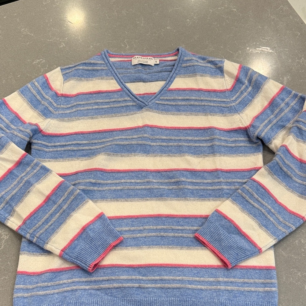 100% Cashmere Striped V-Neck Sweater in Blue, Cream & Pink